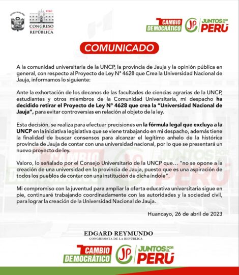 Comunicado del congresista Edgar Reymundo