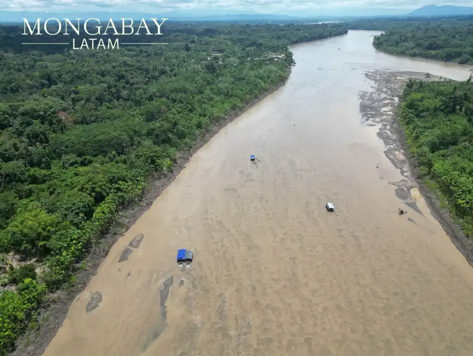 Desde el aire, las dragas aparecen como sanguijuelas que succionan y devastan el río. La imagen corresponde al sector del Bajo Santiago. Foto: Luis Taijín