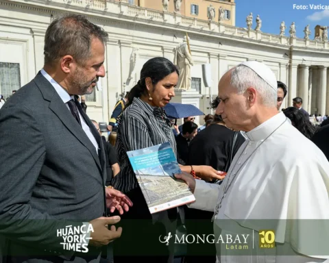 El papa León XIV recibe el informe sobre la contaminación con mercurio en los territorios amazónicos de Perú, Bolivia, Colombia y Brasil. Foto: Vatican Media