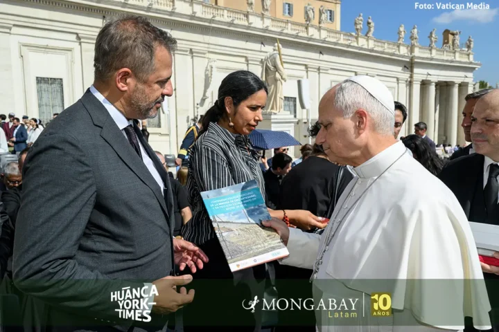El papa León XIV recibe el informe sobre la contaminación con mercurio en los territorios amazónicos de Perú, Bolivia, Colombia y Brasil. Foto: Vatican Media